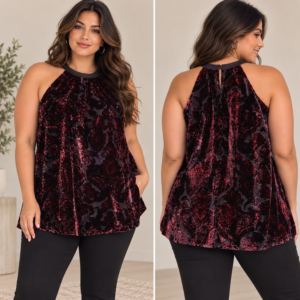 Torrid Halter Top Burgundy Burnout Velvet Damask Paisley Sleeveless Sz 1X